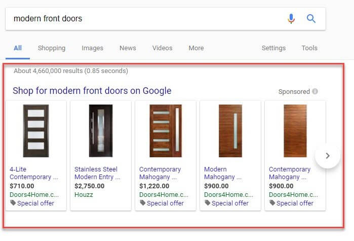 google shopping in search results page