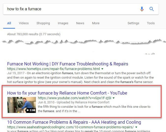 videos in the first page of google SERPs