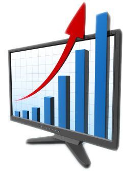 Desktop computer screen with a bar chart trending upward and out of the computer