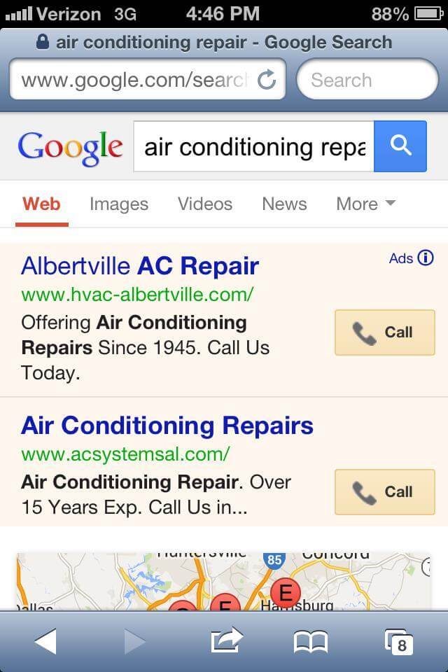 Google search on mobile for air conditioning repair and a paid ad by Albertville AC repair at top