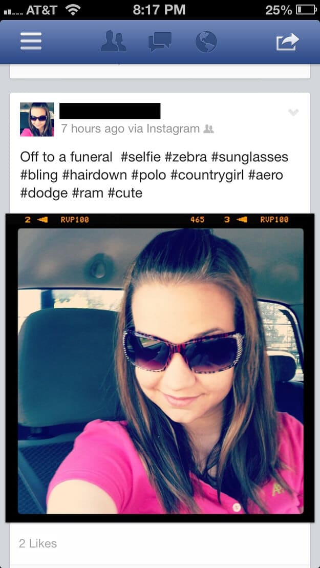 Facebook post with a selfie and a lot of hashtags 