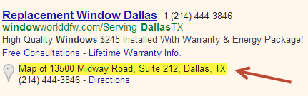 Search results for a window replacement in Dallas with the location highlighted