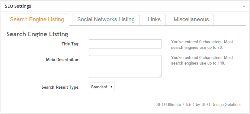SEO settings for a search engine listing on a plugin