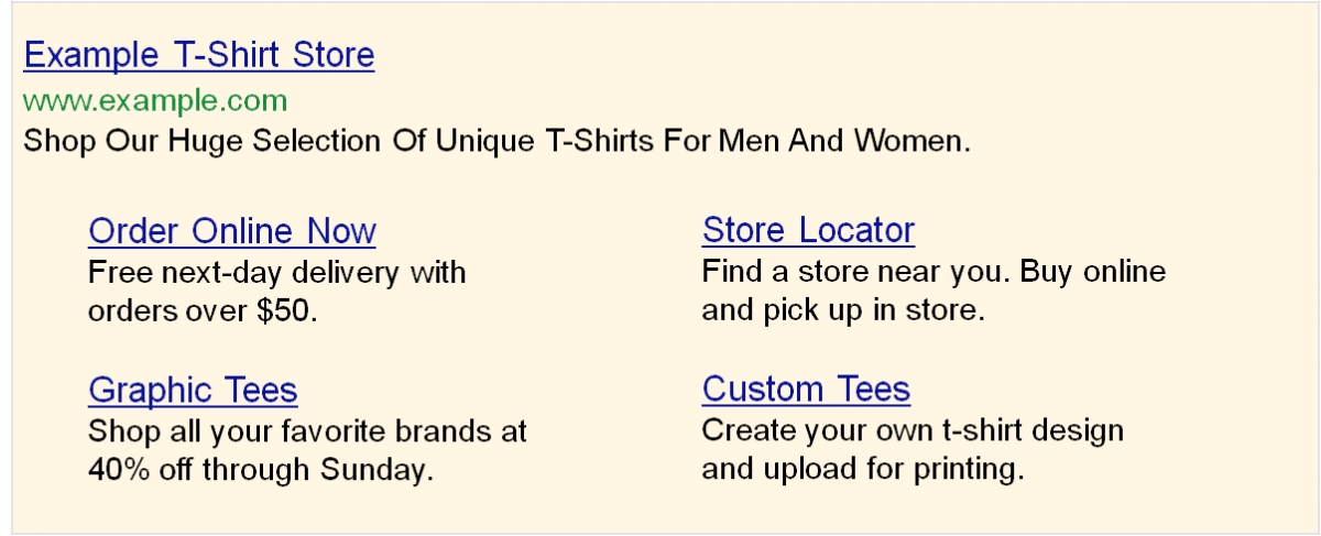 Example of search results with site links below for a T-shirt store