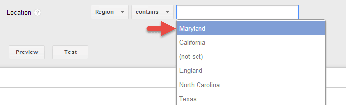 Google analytics page with location search and red arrow pointing to 