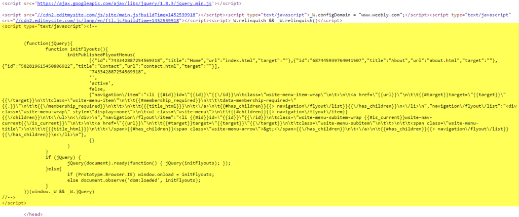 The JavaScript code highlighted in yellow of the Weebly header