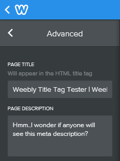 Weebly site that shows you how to input the page title and meta description on the backend