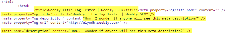html code showing the title tag and meta description part of the code highlighted
