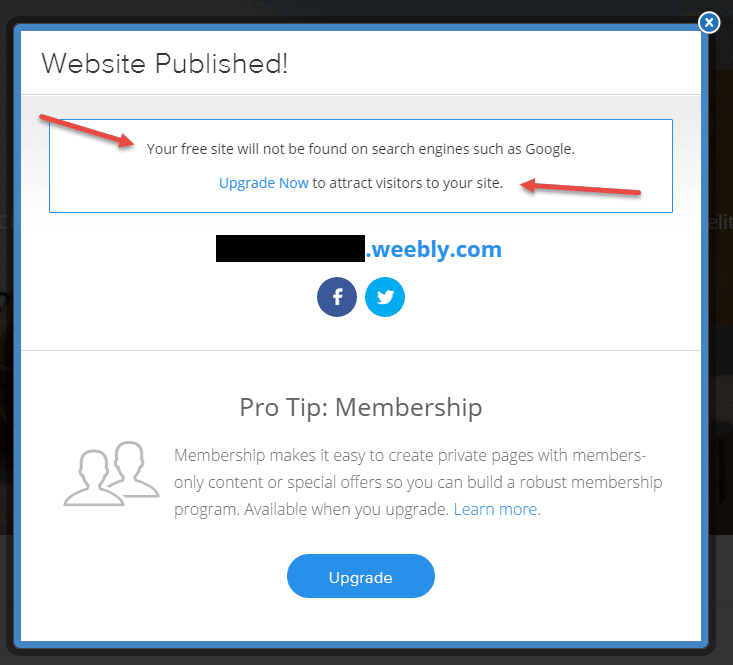 Textbox says that Weebly site won't be found on search engines and asks you to upgrade your site