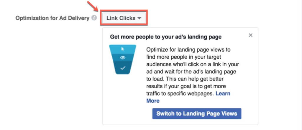 facebook ad examples: optimize for landing page views