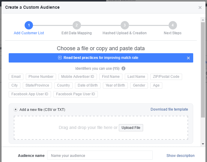 identifiers for a custom Facebook audience