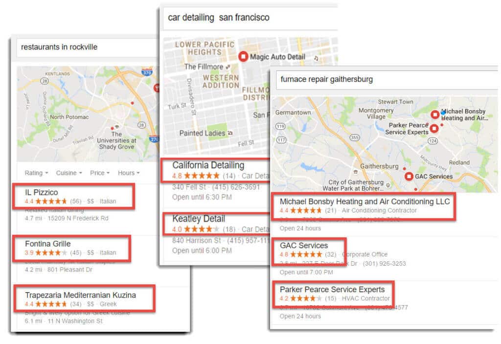 custom google reviews for local businesses, three search engine results with reviews at the top