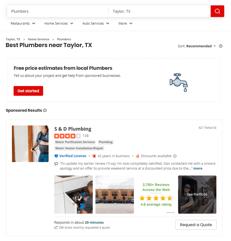Yelp ad example shown on desktop search