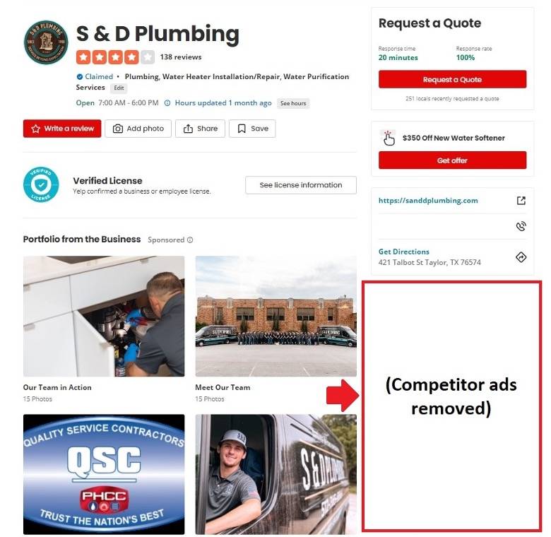 Competitors ads' removed from a yelp advertiser's profile