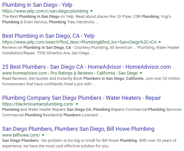 Screenshot of organic listings for plumbing keywords