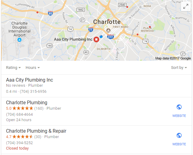 Screenshot of local search listings for plumbing keywords