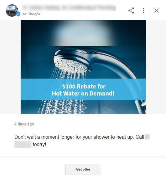 Google post of a shower head with water coming out and an offer button at the bottom