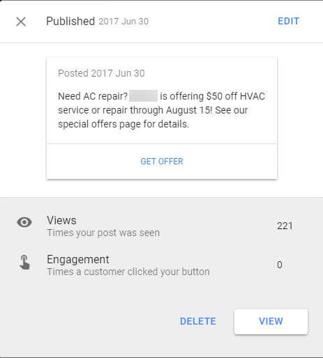 Google post analytics for a published picture showing the views and engagements