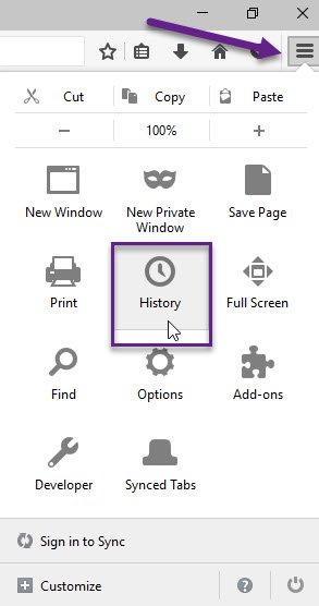Screenshot showing how to get to browsing history on Firefox