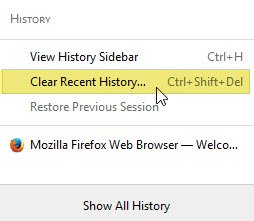 Screenshot showing how to clear recent history in Firefox