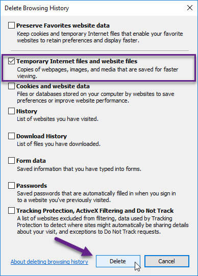 Screenshot showing how to delete temporary internet and website files on Internet Explorer
