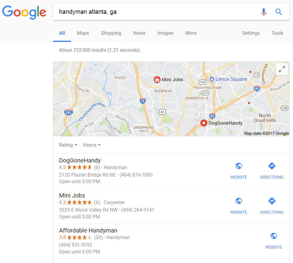 Google search for handyman atlanta, ga and the results showing the local pack