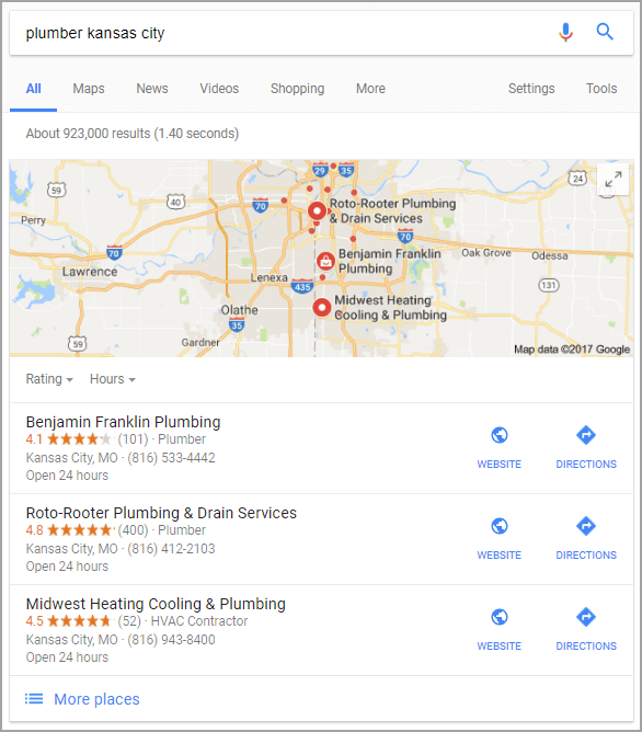 local pack results for kansas city plumbers. to get there, you need local SEO