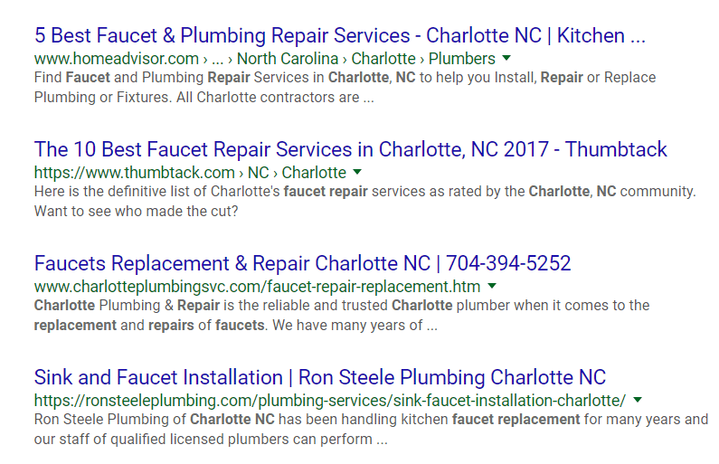 4 links on the search engine results page regarding faucet repair services in Charlotte NC