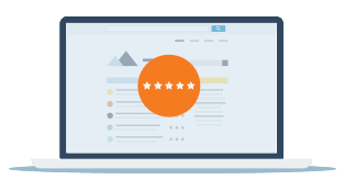Illustration of Google search results on a laptop with five white stars in an orange circle