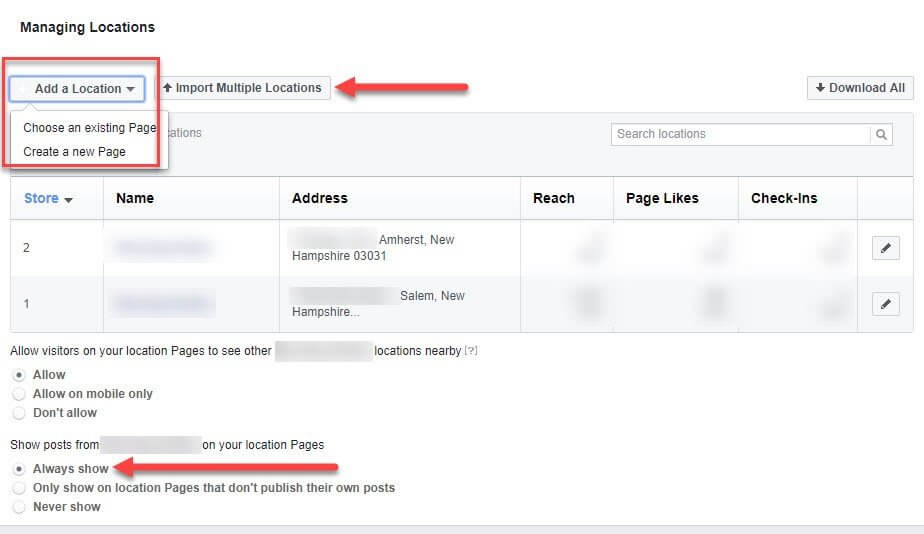 adding parent child facebook pages for franchises and multiple business locations