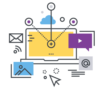 illustration of a laptop with multiple functions floating around it