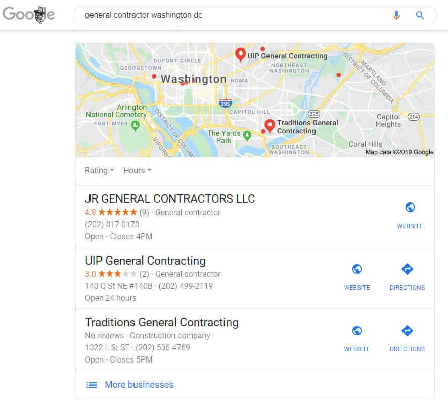 image of searches for contractor marketing in the local pack