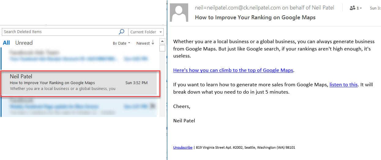 email marketing campaign example with Neil Patel