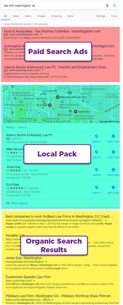 local pack search results for legal marketing