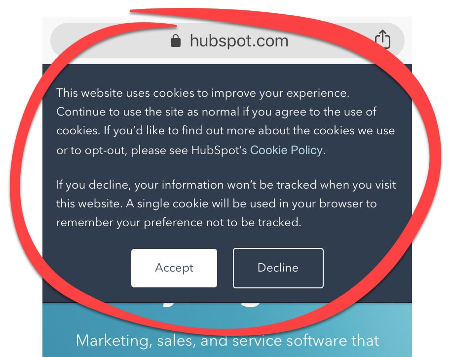remarketing examples: GDPR opt-in box for cookies on a website 