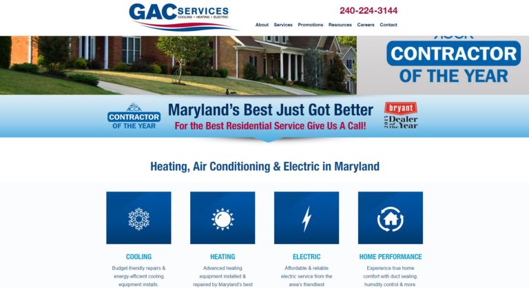 Homepage of GAC Services showing the services they offer and winning contractor of the year