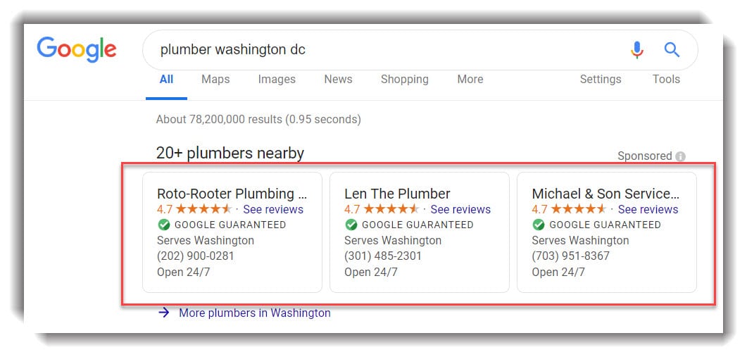 to get more leads for plumbers, you need local SEO in your marketing strategy. google local services ad example