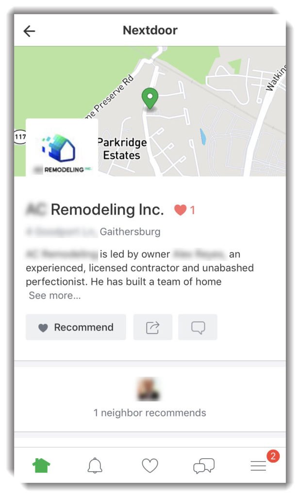 image of a remodeler's nextdoor business listing