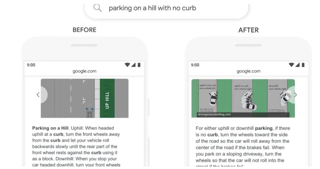 google bert example of search term "parking on a hill with no curb"