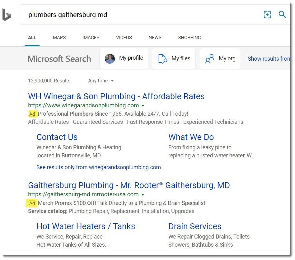 Microsoft Bing Plumber search results