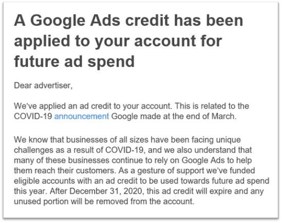 Google Ads COVID-19 credits notification