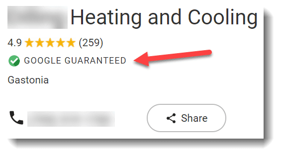screenshot of Google Guarantee badge for HVAC company