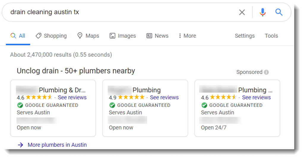 screenshot of Local Services ads for plumbers