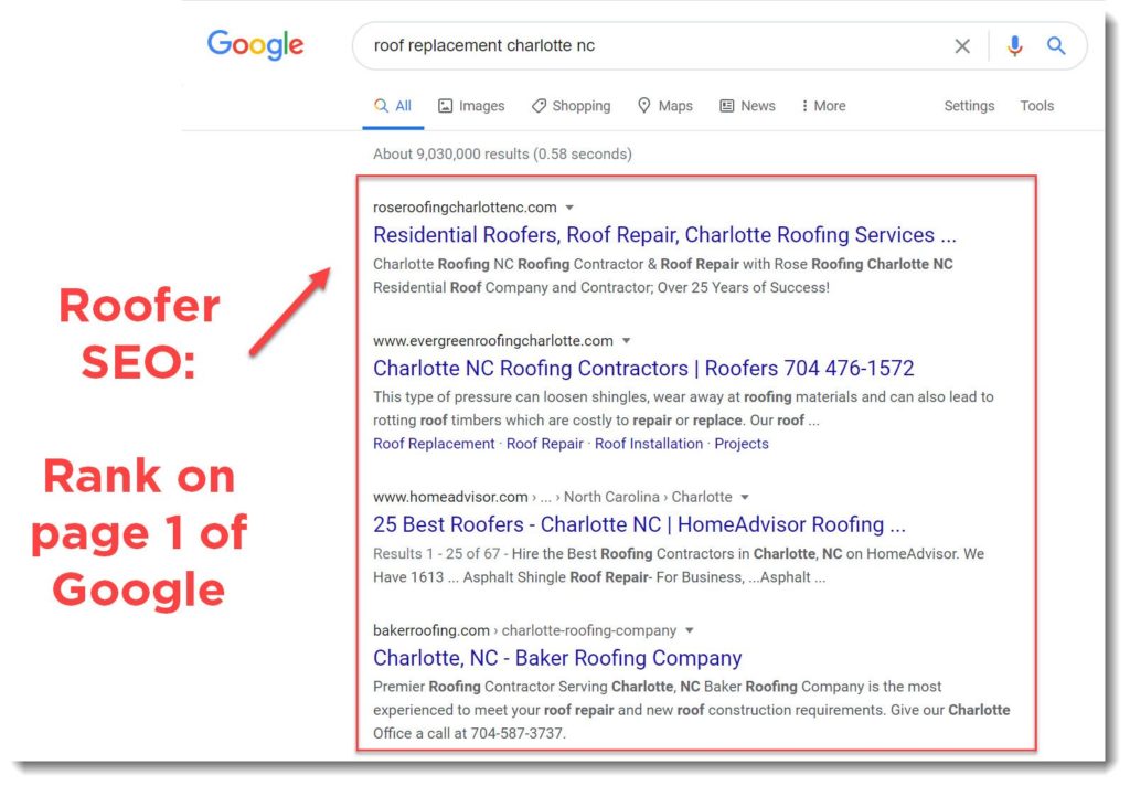seo results for roofers