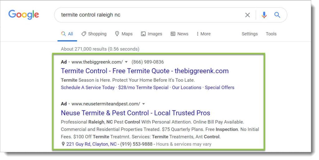 pest control ppc ads on Google
