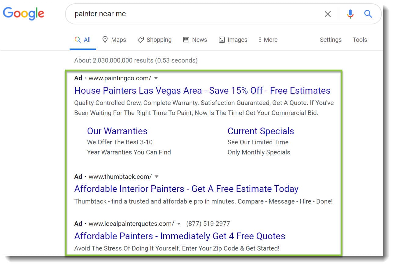 Screenshot of PPC ads for painting companies