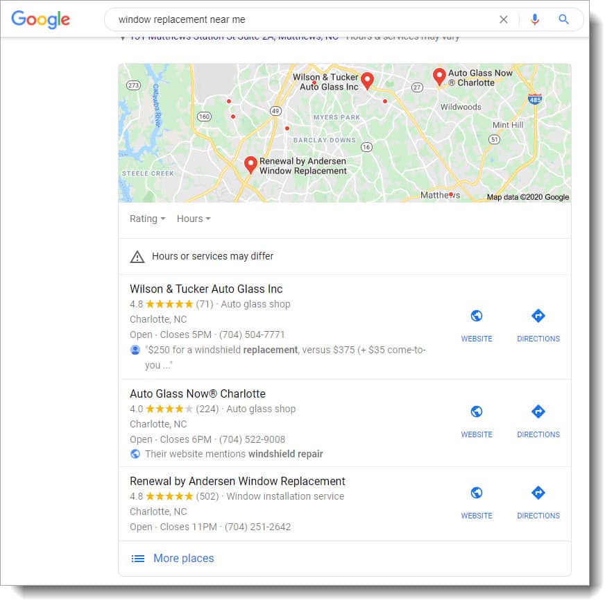 local pack results for window and door local seo