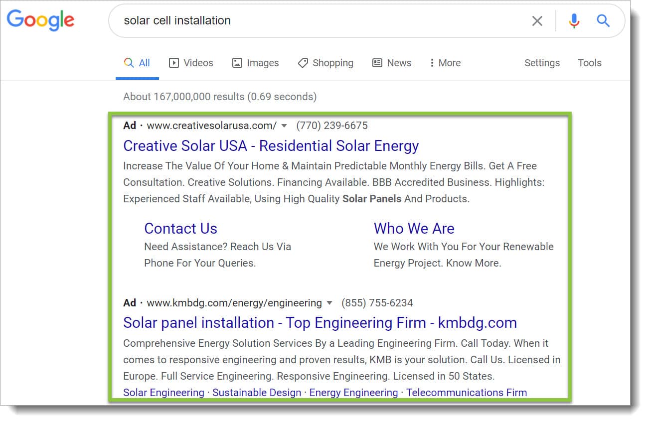 screenshot of PPC ads for solar companies