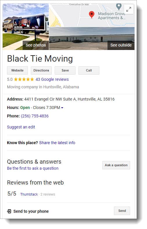 Knowledge graph powered by local SEO services for moving companies