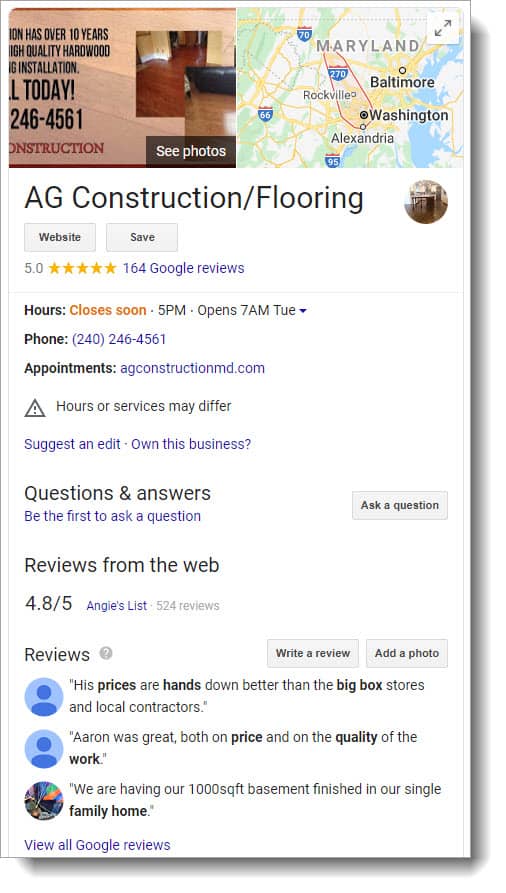 Knowledge graph of flooring company powered by local SEO services